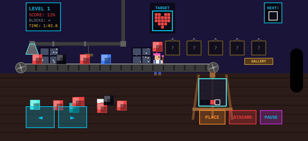 Pickasso gameplay: the painter carries a red block along the conveyor belt toward the easel, with the target heart above and the workshop gallery wall behind