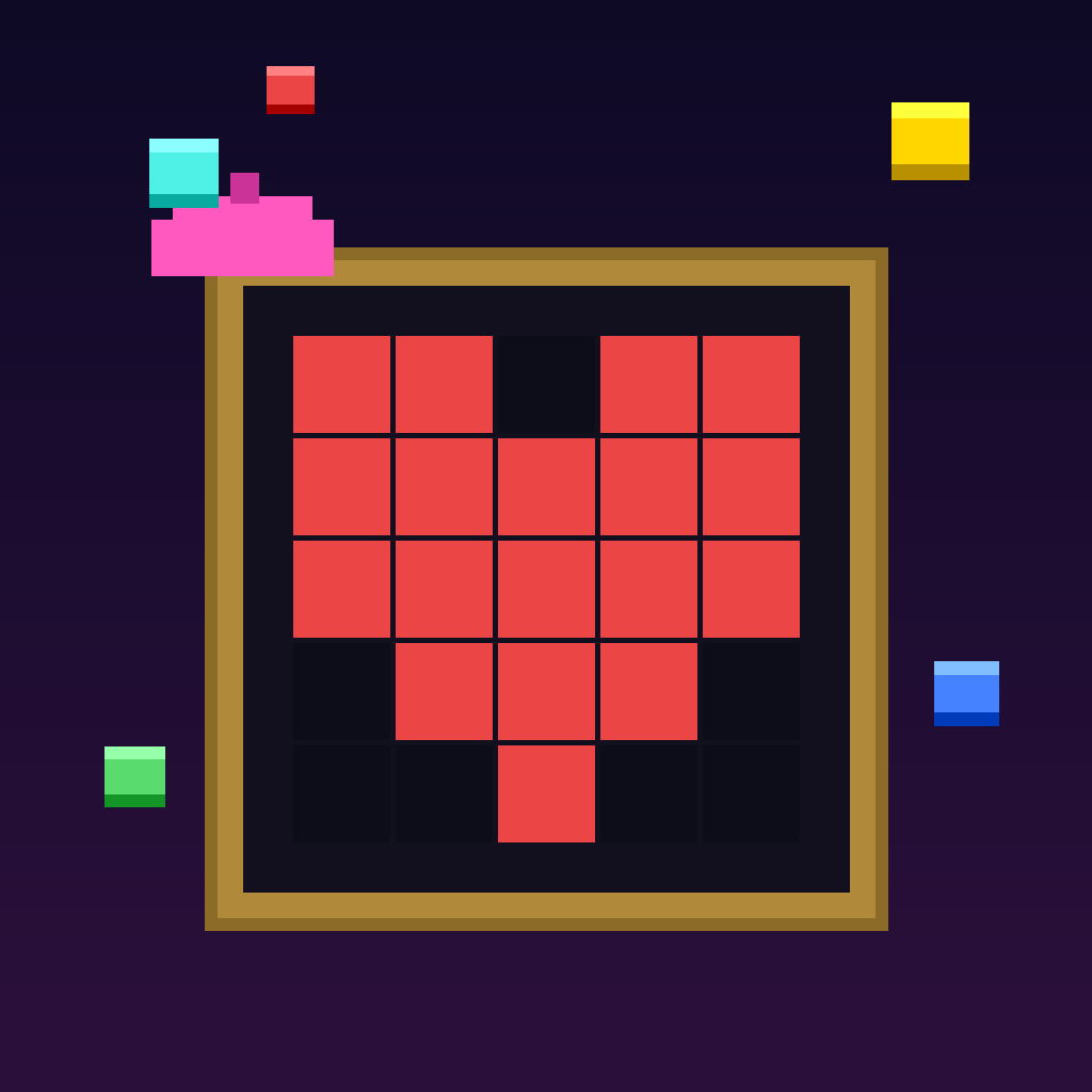 Pickasso app icon — a framed pixel-art heart with falling colored blocks