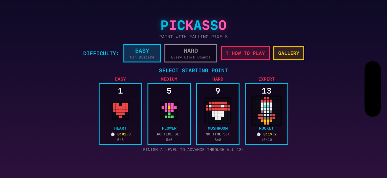 Pickasso title screen: difficulty selector and starting points from the 5×5 Heart to the 10×10 Rocket